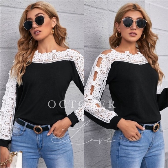 FINAL MARK-DOWN “HELLO FALL” BLK TOP W/WHITE LACE - Picture 2 of 3